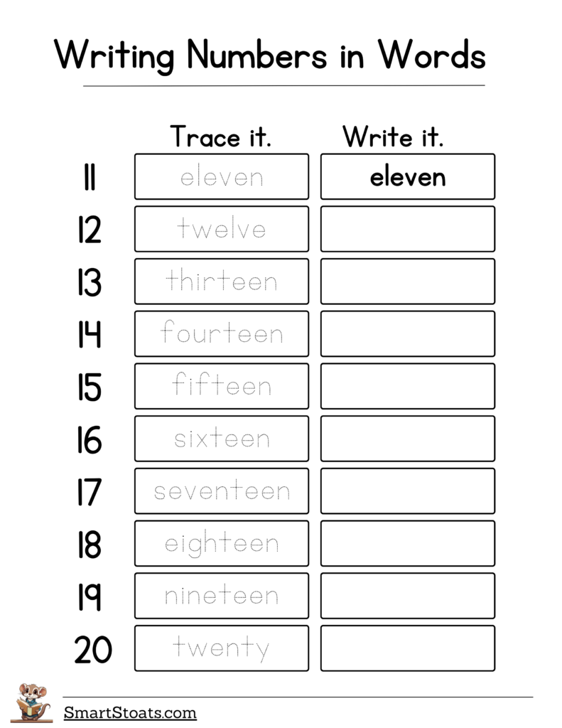 Download a free worksheet for 1st graders to practice writing numbers in words. Perfect for teachers and parents to support early learning.