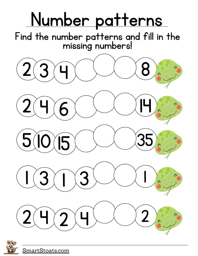 Click to download free PDF worksheets on number patterns for parents and teachers.