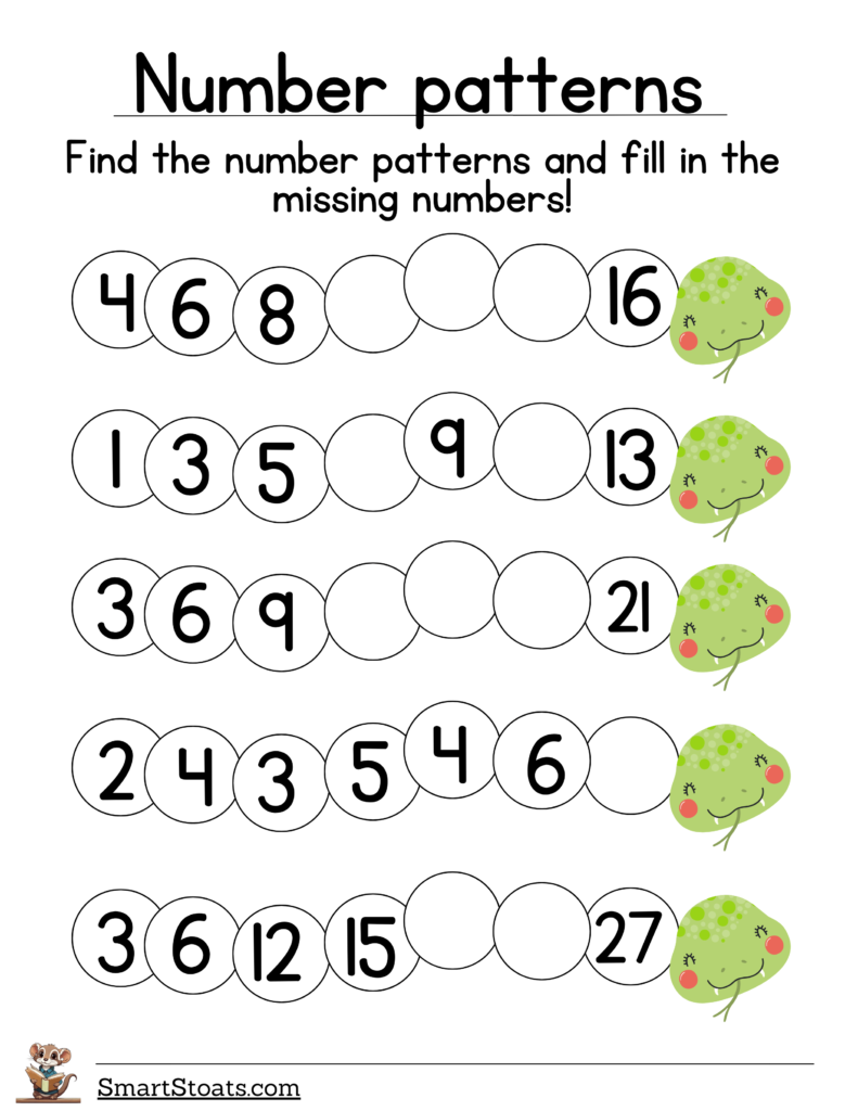 Click to download free PDF worksheets on number patterns for parents and teachers.