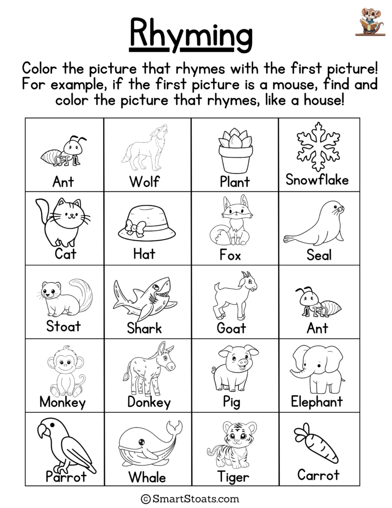 Kindergarten Rhyming Worksheets – Click to download printable PDF for fun rhyming activities for preschoolers and kindergarten kids.