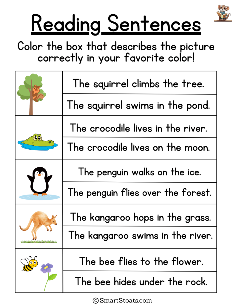 Printable PDF with reading sentences for kindergarten to help improve early reading skills.