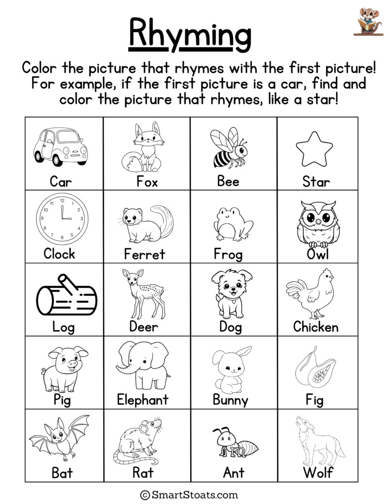 Kindergarten Rhyming Worksheets – Click to download printable PDF for fun rhyming activities for preschoolers and kindergarten kids.