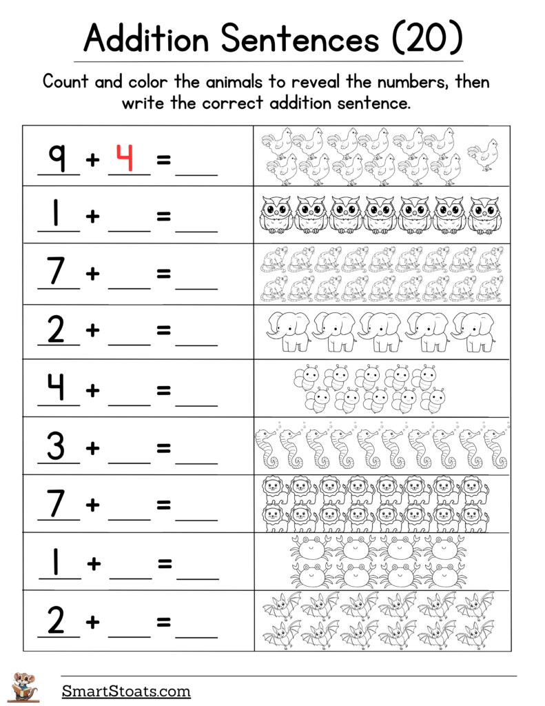 Download our free printable addition sentences worksheet for first graders.