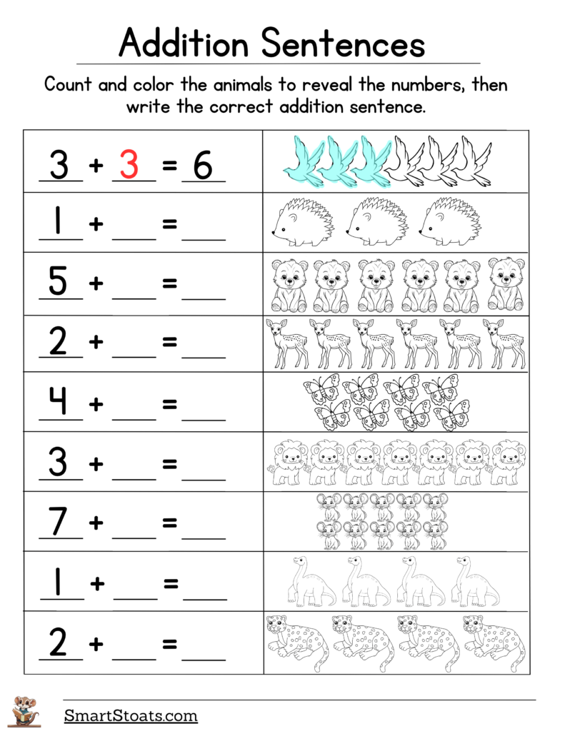 Download our free printable addition sentences worksheet for first graders.