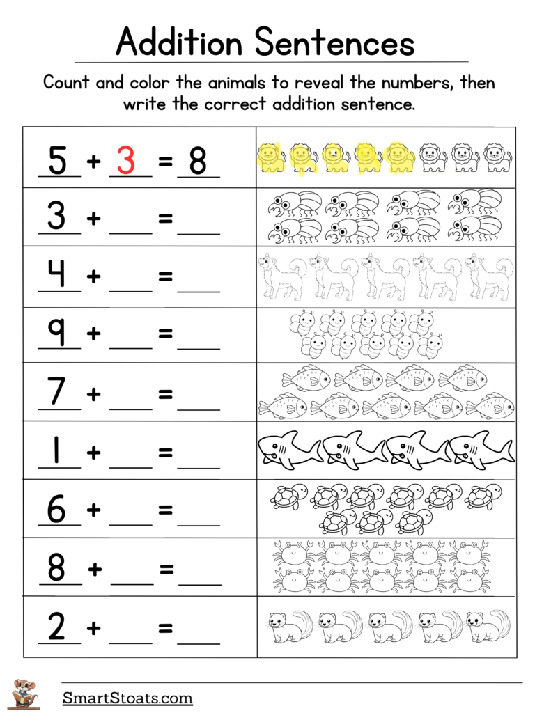 Download our free printable addition sentences worksheet for first graders.