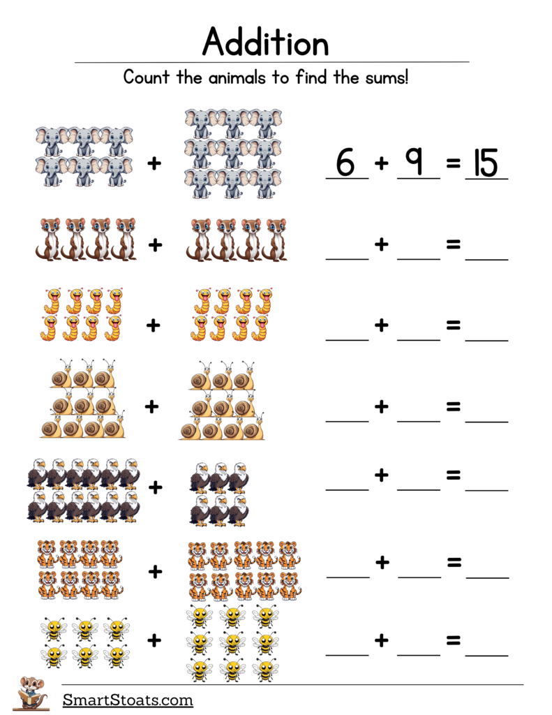 Printable addition worksheet with pictures featuring cute animal themes for first-grade math practice.