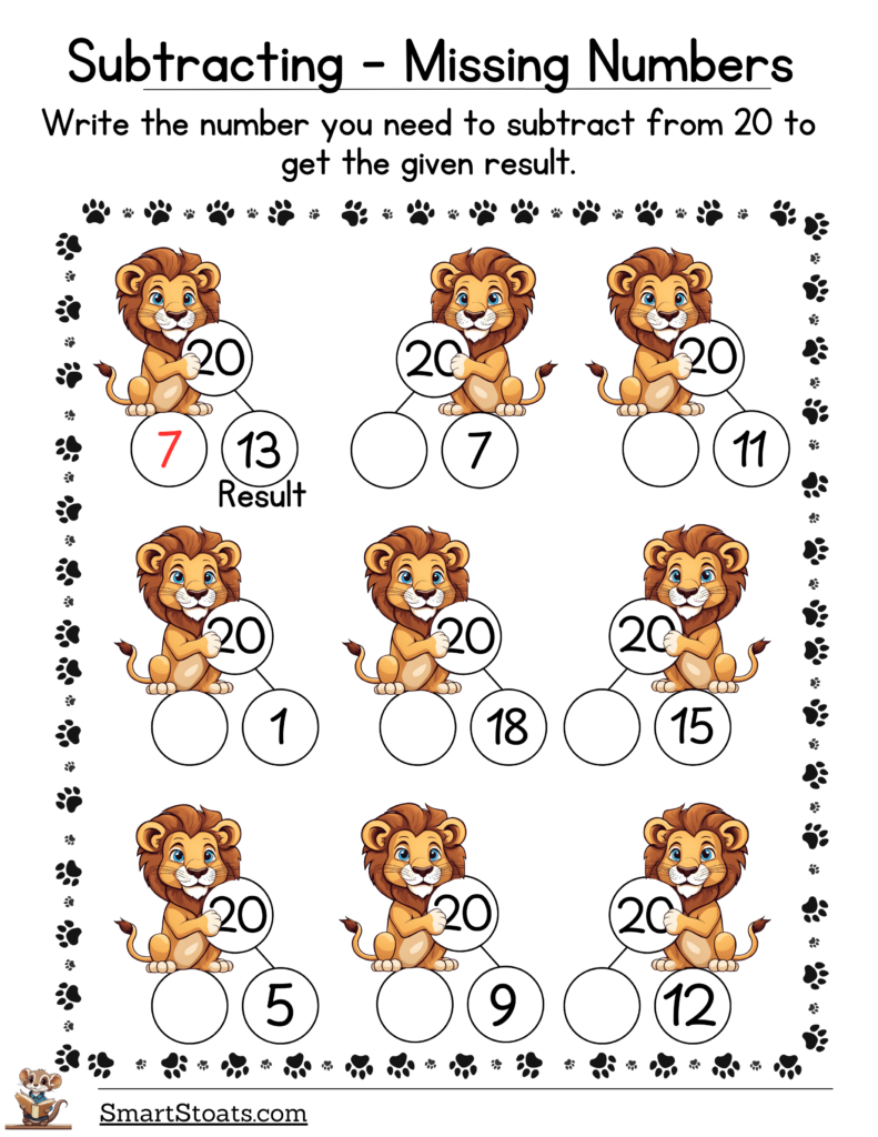 Download our free PDF worksheet on Missing Number Subtraction within 20 for 1st grade kids and print it at home.