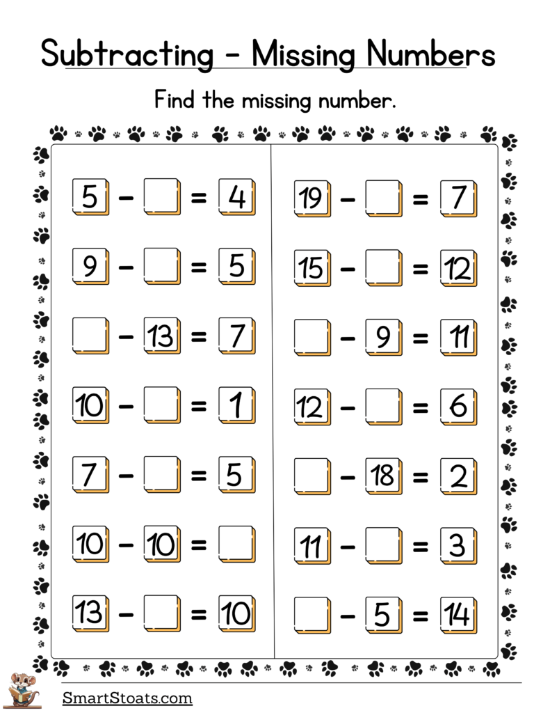 Download our free PDF worksheet on Missing Number Subtraction within 20 for 1st grade kids and print it at home.