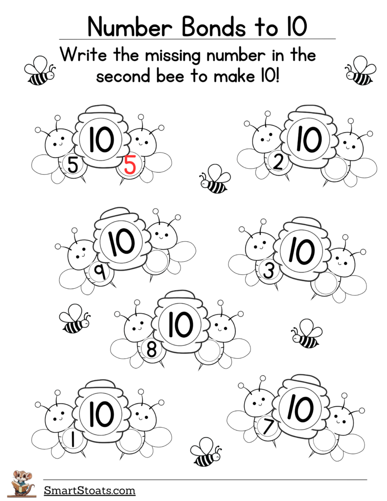 Click and download our free Number Bonds Worksheet for Kindergarten and 1st Grade kids.