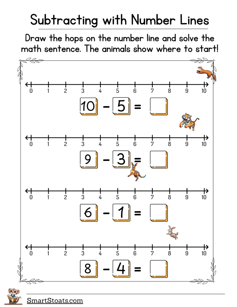 Download our free number line subtraction worksheets—perfect for teaching 1st grade math!