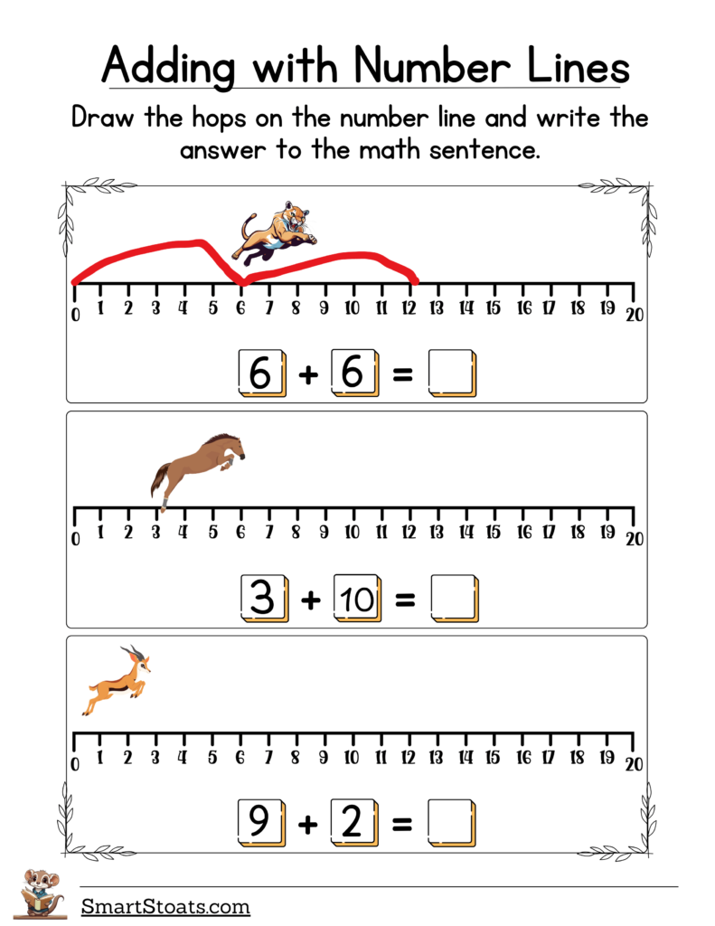 Click to download our printable Number Line from 1-20 Addition worksheets as a free PDF.