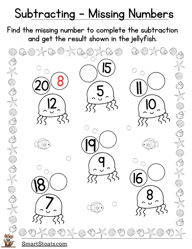 Download our free PDF worksheet on Missing Number Subtraction within 20 for 1st grade kids and print it at home.