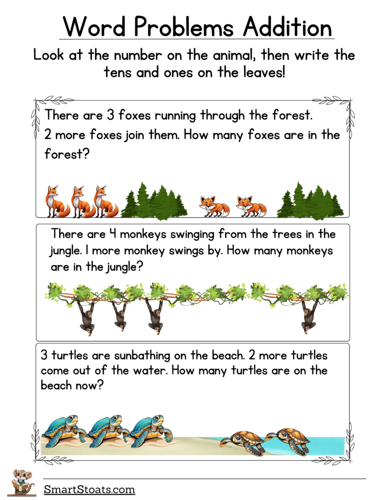 Download our free addition worksheet with word problems for first grade.