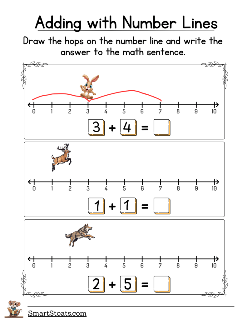 Click to download our printable Number Line Addition worksheets as a free PDF.