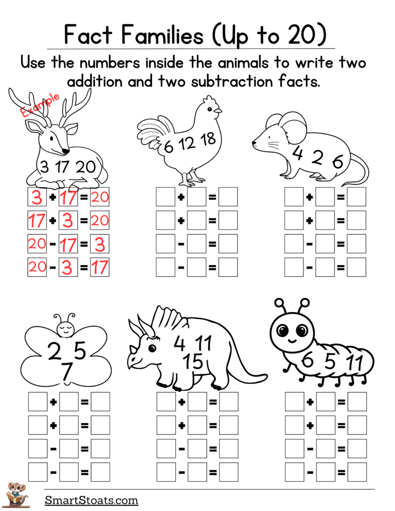 Click to download fact family printables featuring addition and subtraction exercises for kids.