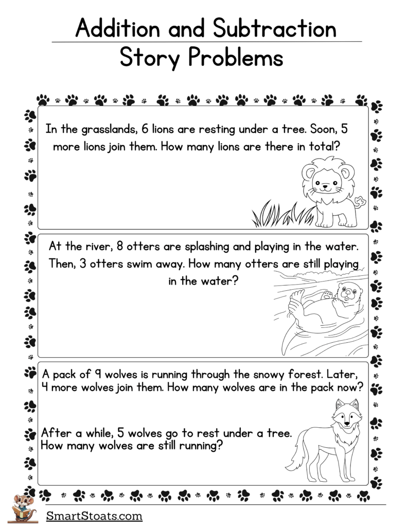 Download our worksheet with addition and subtraction story problems for 1st grade students. Help your child practice mixed add and subtract problems with animals!