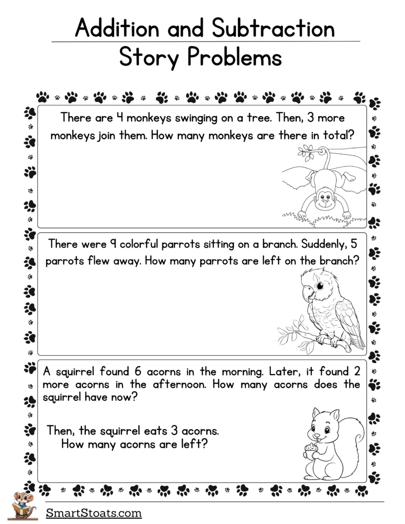 Download our worksheet with addition and subtraction story problems for 1st grade students. Help your child practice mixed add and subtract problems with animals!