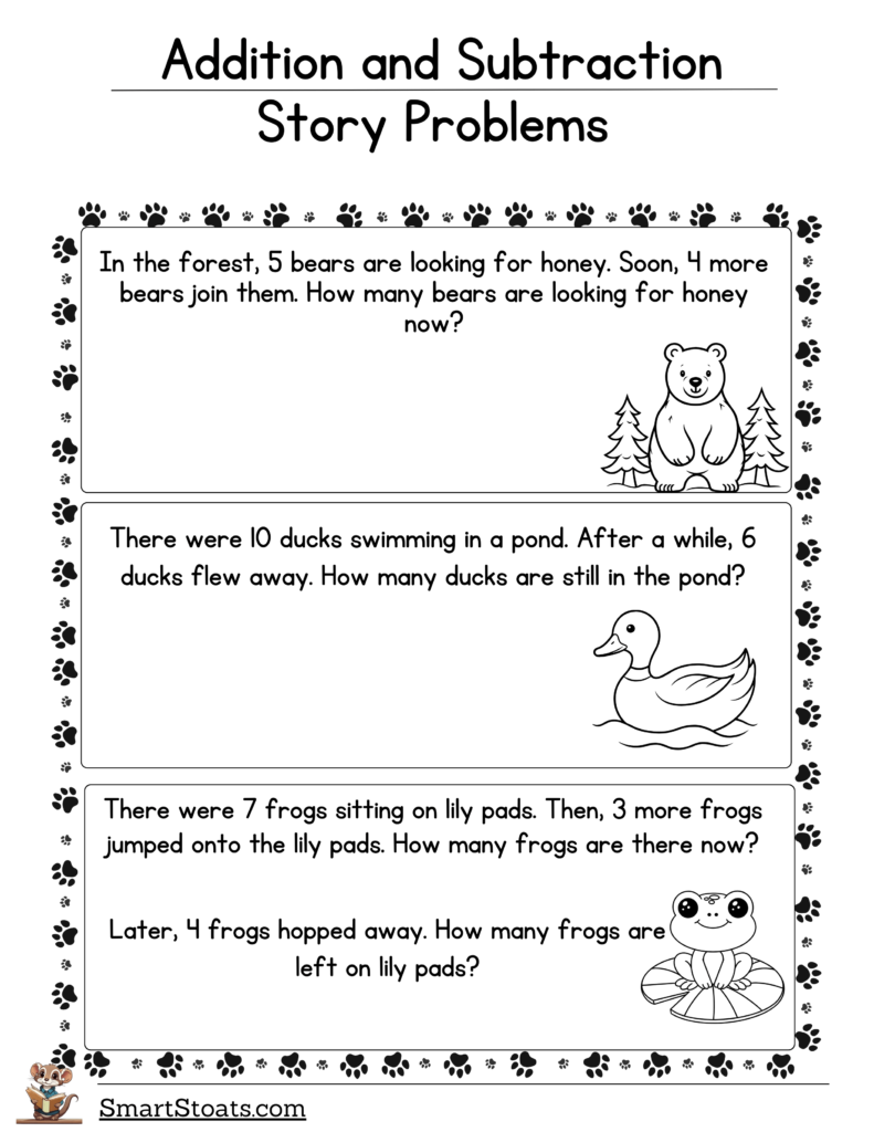 Download our worksheet with addition and subtraction story problems for 1st grade students. Help your child practice mixed add and subtract problems with animals!