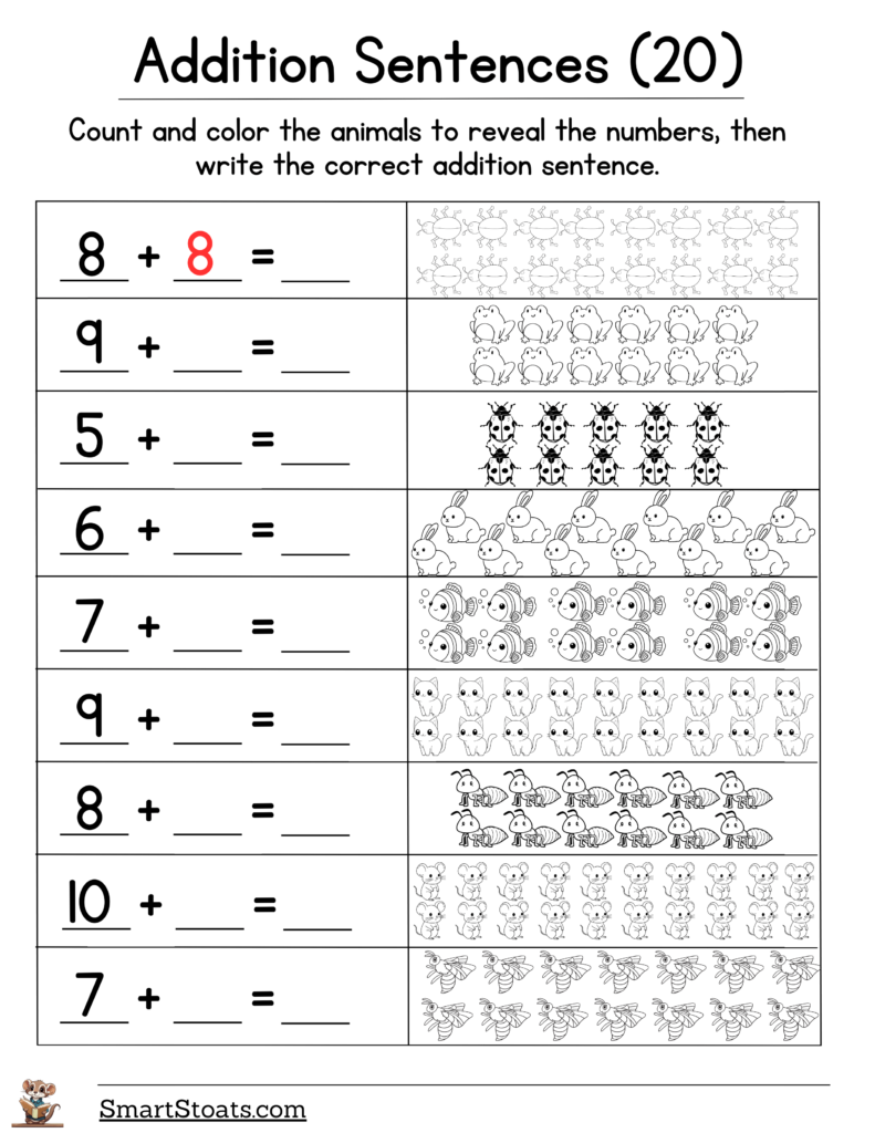 Download our free printable addition equations worksheet for first graders.