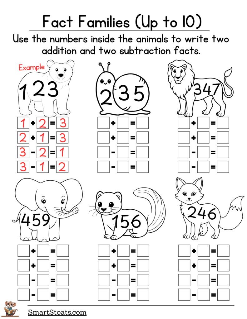 Click to download fact family printables featuring addition and subtraction exercises for kids.