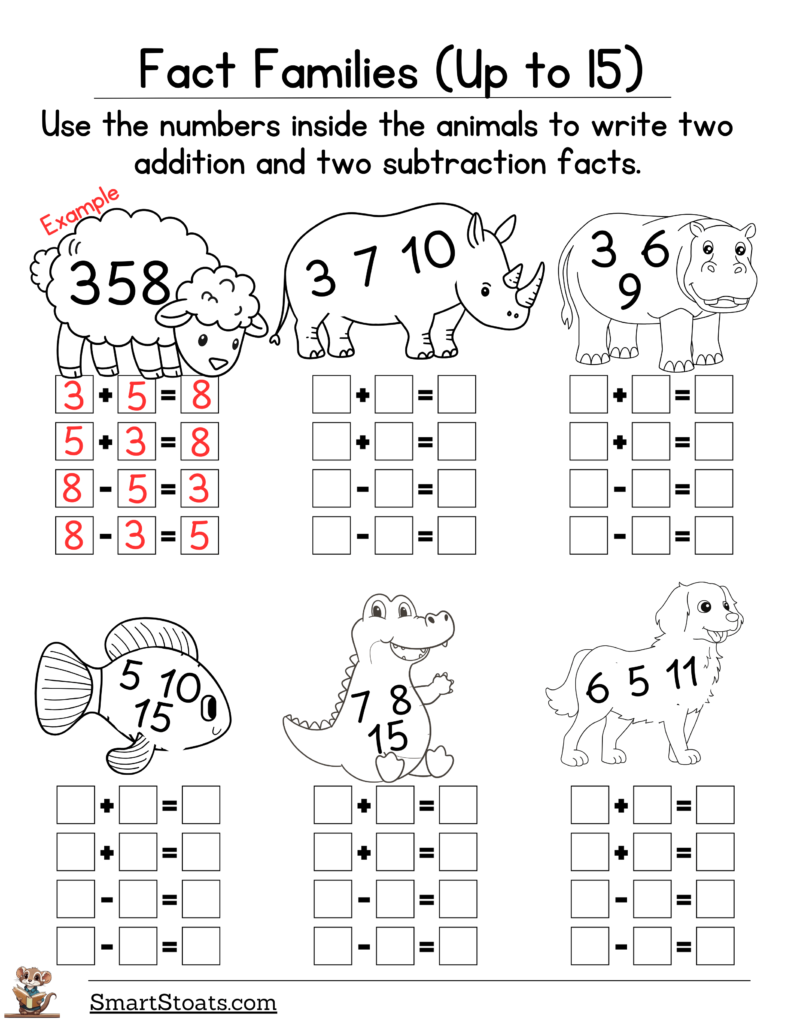 Click to download fact family worksheet featuring addition and subtraction exercises for kids.