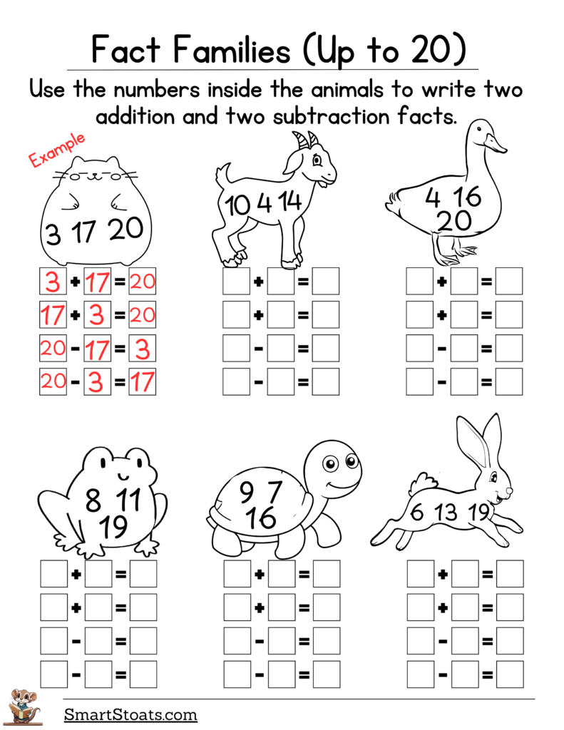 Click to download fact family worksheets featuring addition and subtraction exercises for kids.