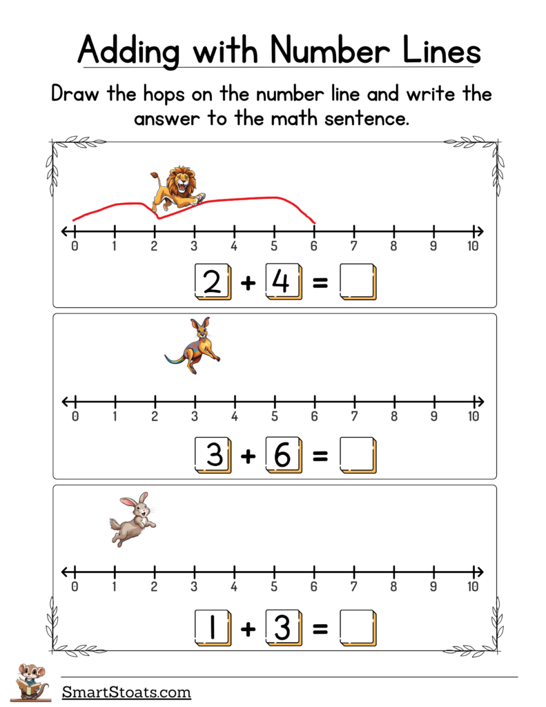 Click to download our printable Number Line Addition worksheets as a free PDF.