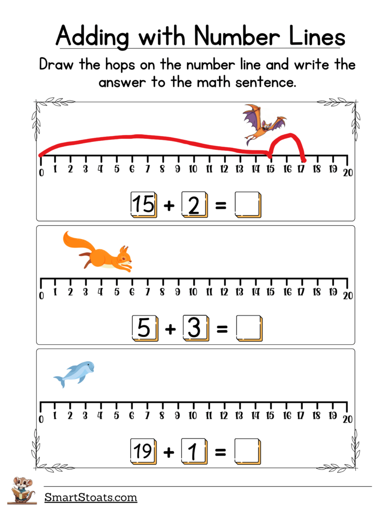 Click to download our printable Number Line from 1-20 Addition worksheets as a free PDF.