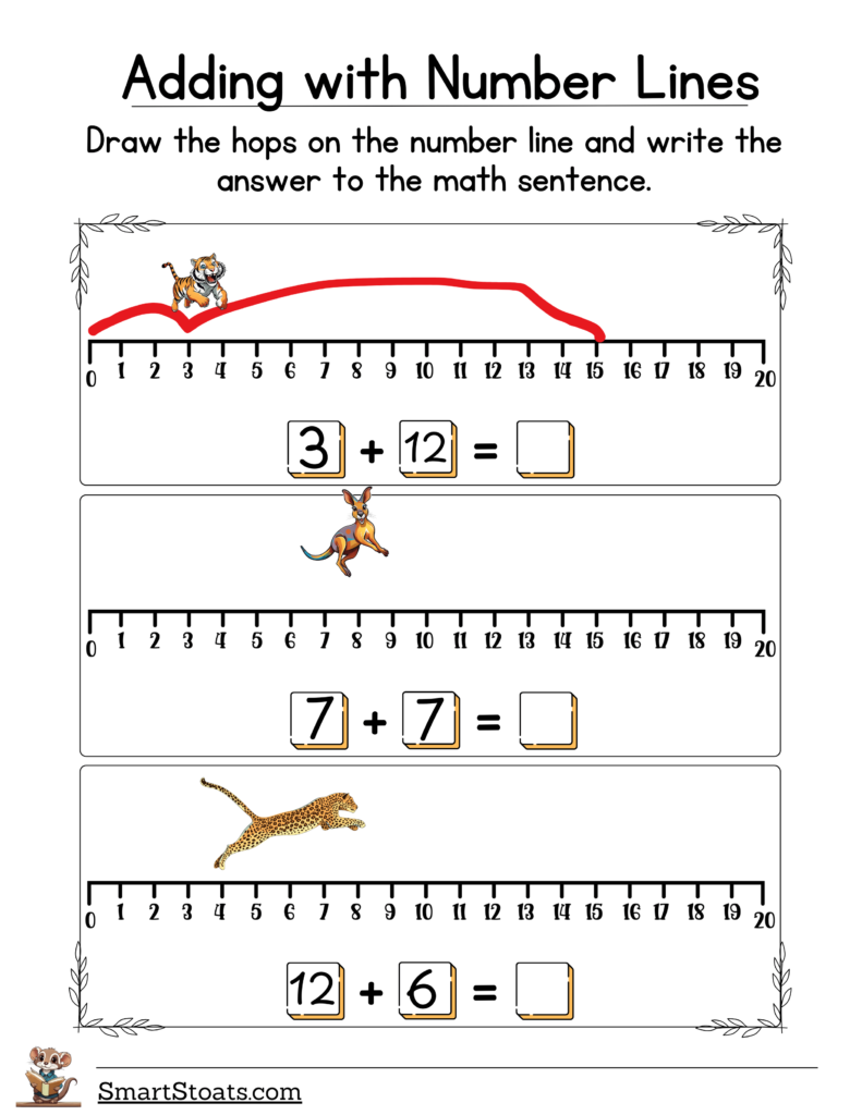 Click to download our printable Number Line from 1-20 Addition worksheets as a free PDF.