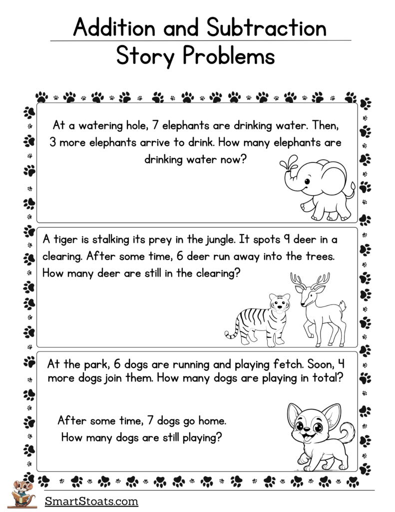 Download our worksheet with addition and subtraction story problems for 1st grade students. Help your child practice mixed add and subtract problems with animals!