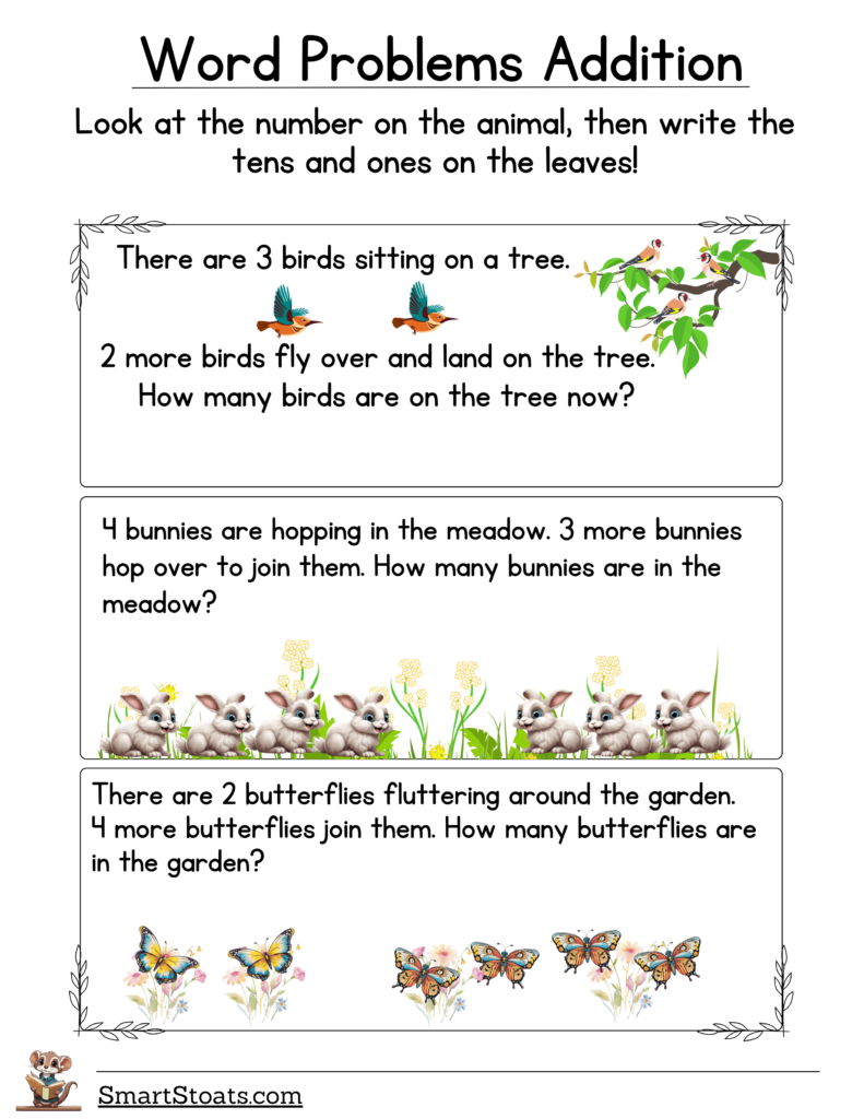 Download our free single step addition worksheet with word problems for first grade.