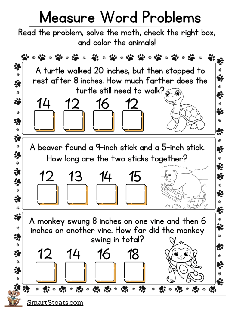 Click to download our free 'Measure Word Problems' worksheet featuring adorable animals - perfect to keep 1st grade kids engaged!