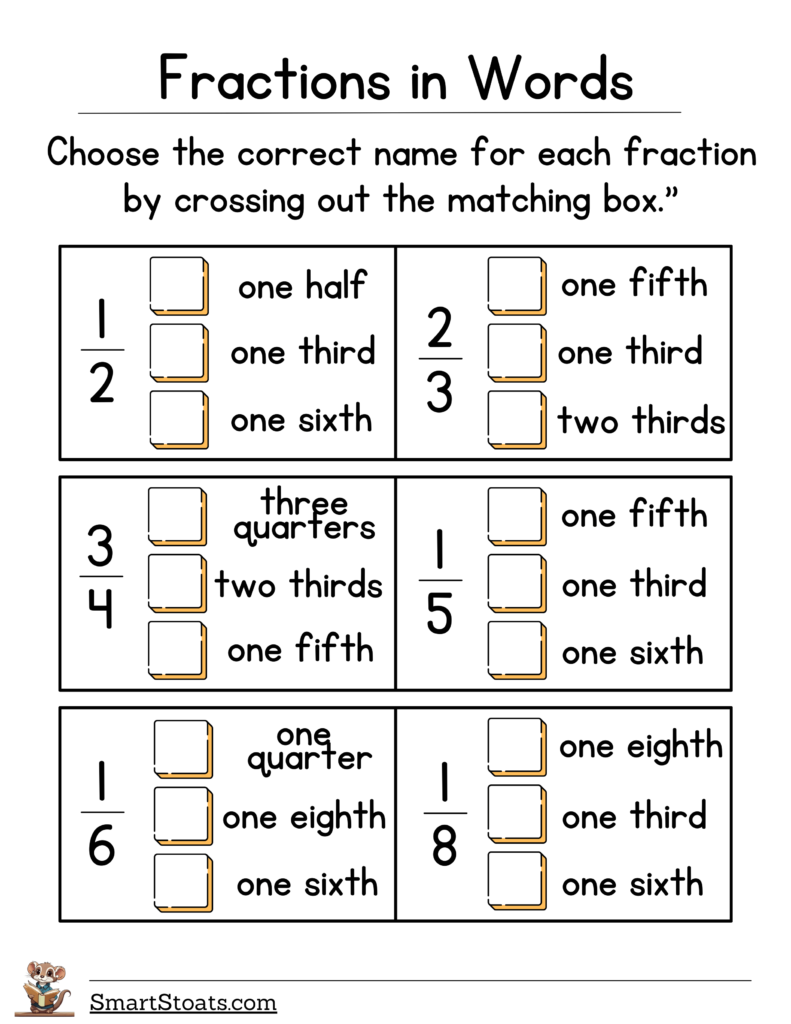 Click to download and print our Fractions Vocabulary Worksheet.