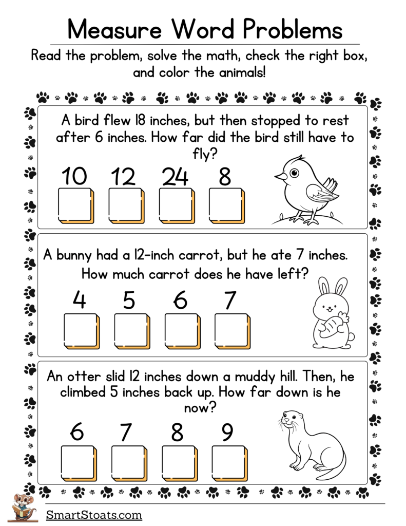 Click to download our free 'Measurement Word Problems' worksheet featuring adorable animals - perfect to keep 1st grade kids engaged!