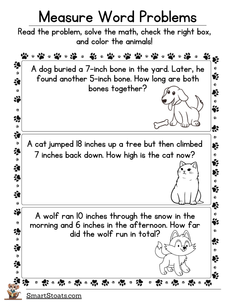 Click to download our free 'Problems of measurement' worksheet featuring adorable animals - perfect to keep 1st grade kids engaged!