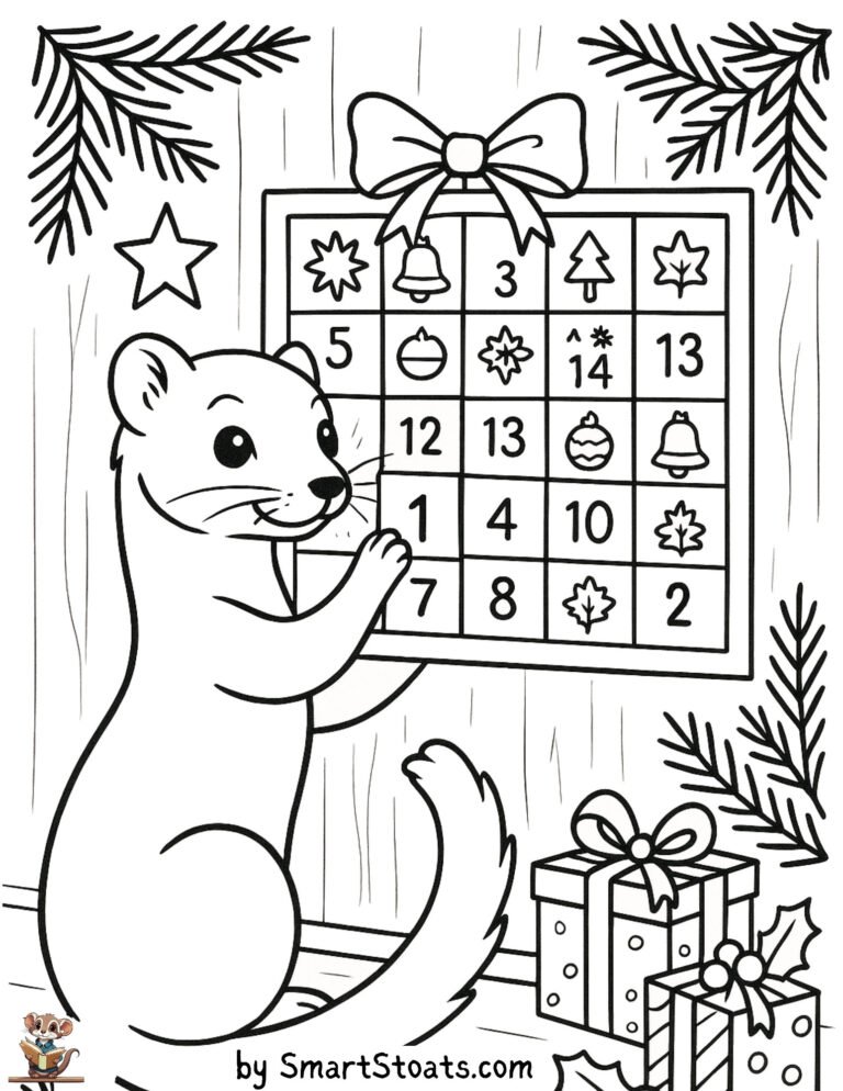 Free printable Advent calendar coloring page with a cute ferret – fun holiday activity for kids and ferret lovers.
