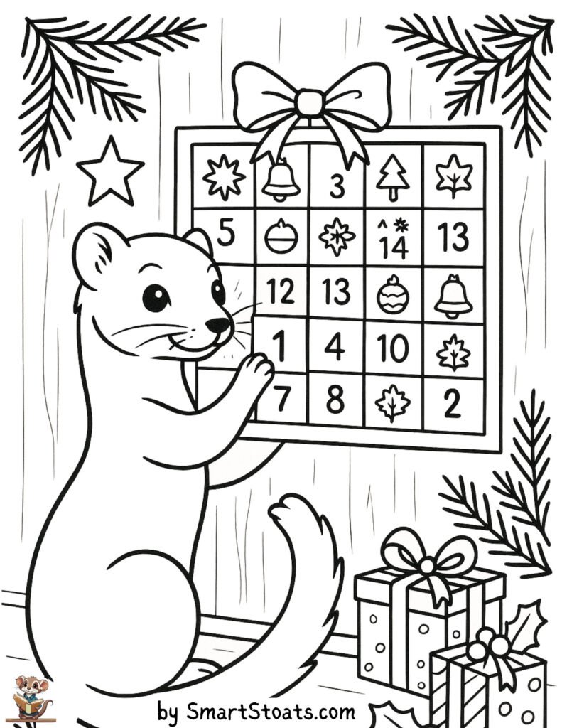 Free printable Advent calendar coloring page with a cute ferret – fun holiday activity for kids and ferret lovers.