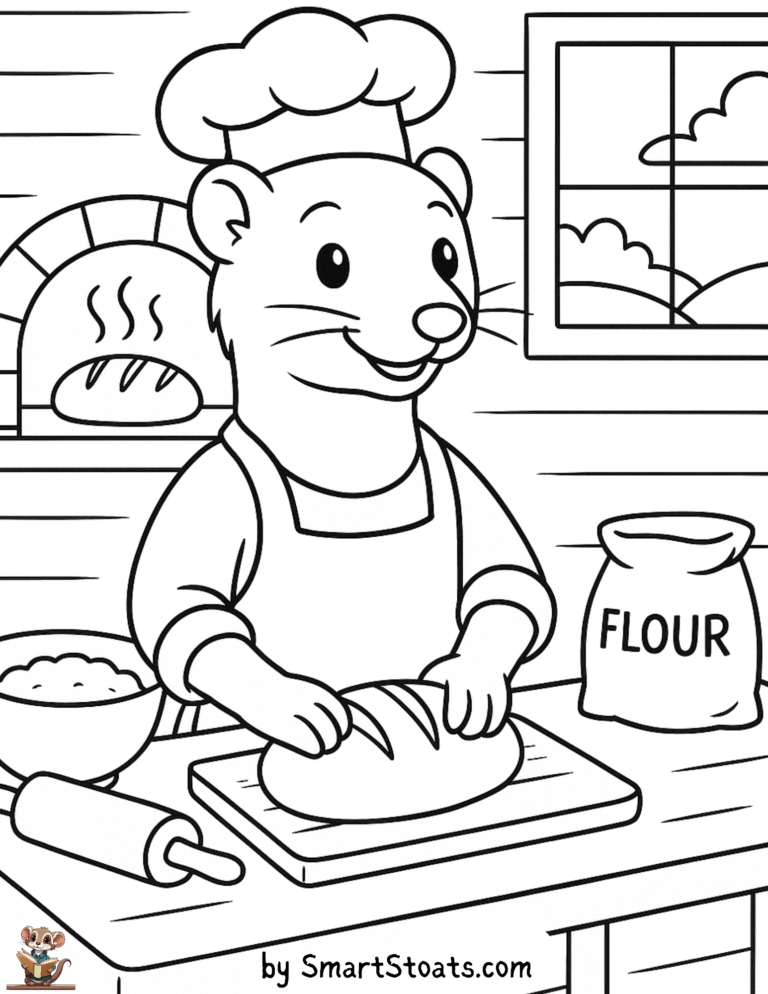 Bakery coloring page showing a stoat or ferret looking like a baker, designed as a printable sheet.