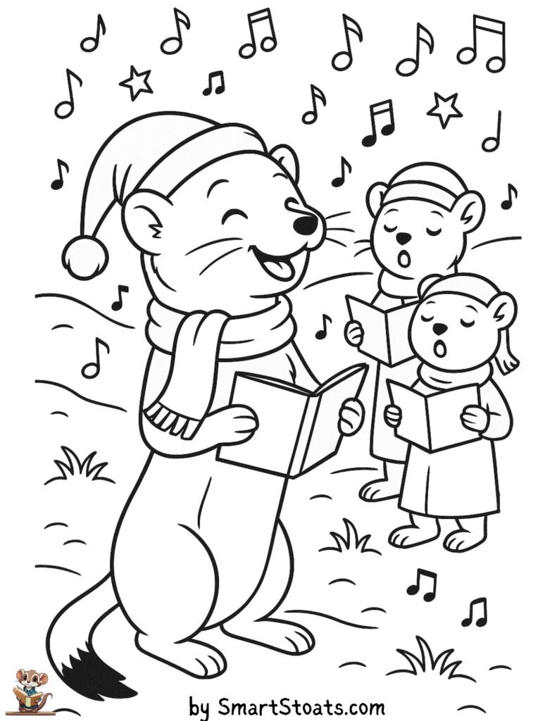 Free printable Christmas carol coloring page with three cute singing stoats in scarves – fun holiday activity for kids and ferret lovers.
