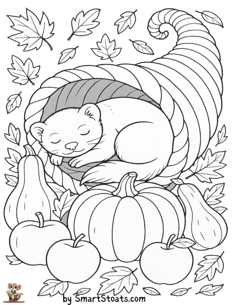 Cornucopia coloring page with a ferret for thanksgiving.