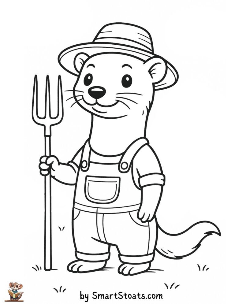 Farmer coloring page showing a stoat or ferret looking like a farmer, designed as a printable sheet for preschool and older kids.