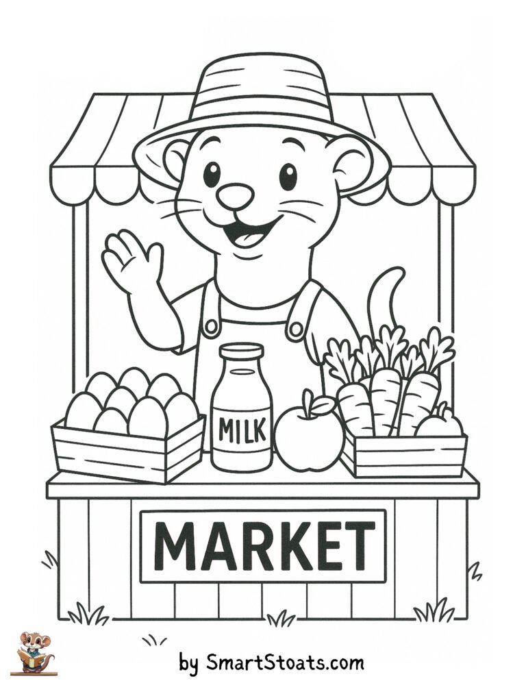 Farmers Market coloring page showing a stoat or ferret looking like a farmer, designed as a printable sheet for preschool and older kids.