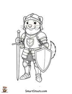 Knight coloring page featuring a cute stoat in knight armor, fantasy-themed and printable for kids.