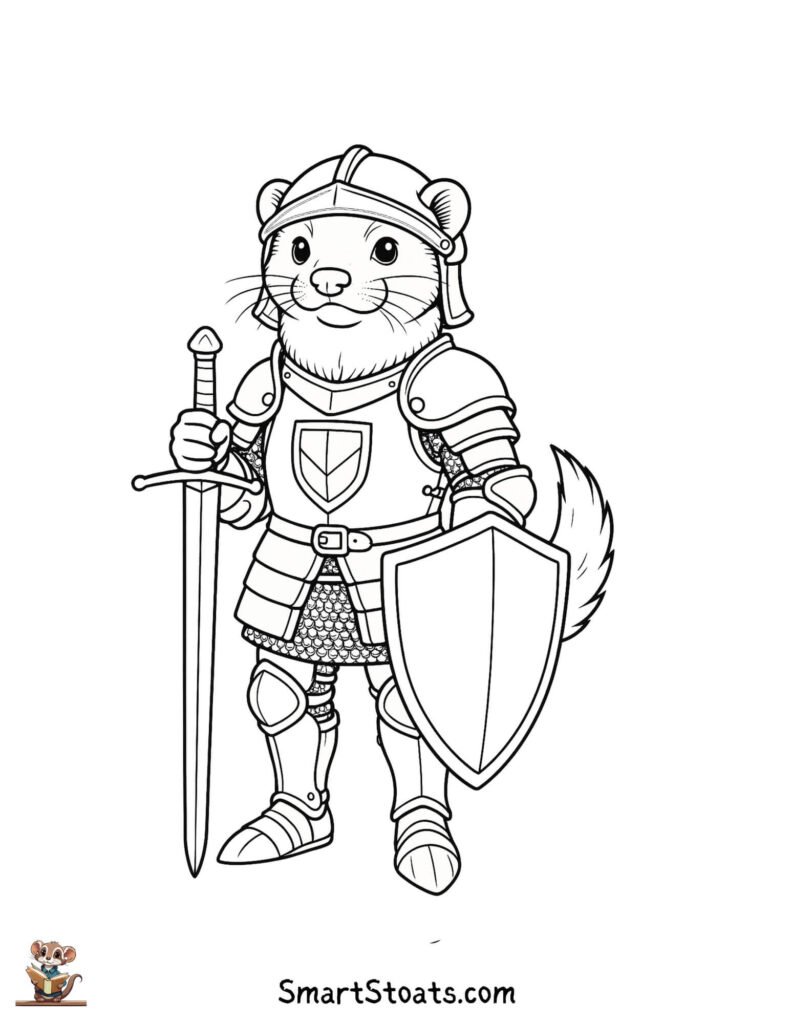Knight coloring page featuring a cute stoat in knight armor, fantasy-themed and printable for kids.