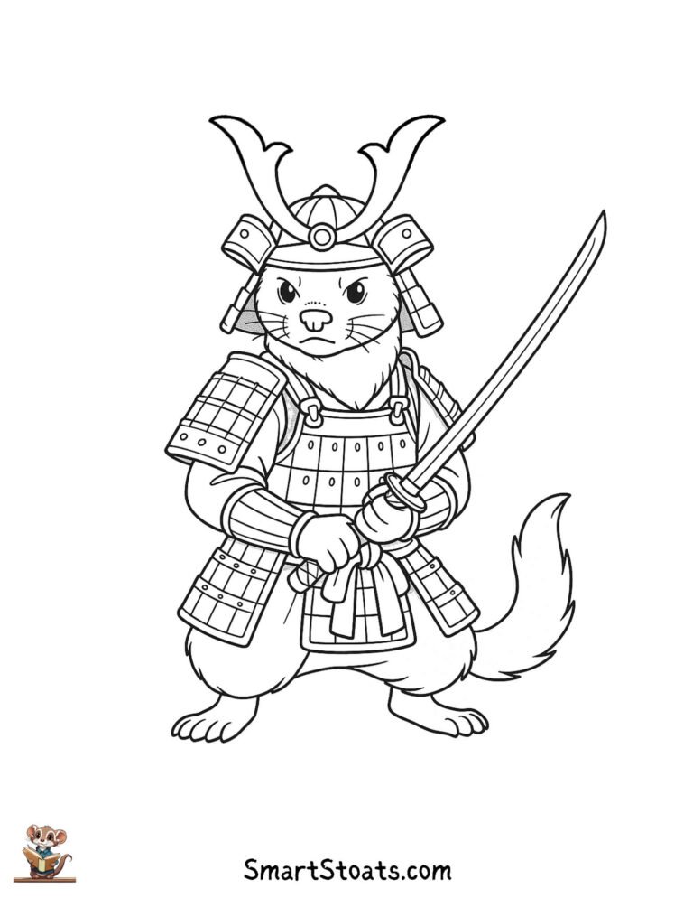 Samurai coloring page featuring a cute stoat in Samurai armor, fantasy-themed and printable for kids.