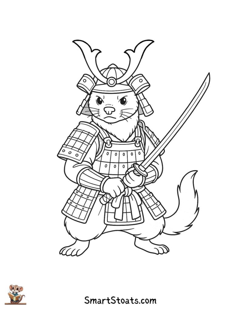 Samurai coloring page featuring a cute stoat in Samurai armor, fantasy-themed and printable for kids.