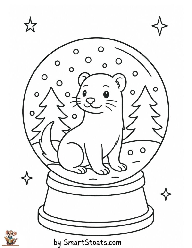 Snow globe coloring page showing a stoat or ferret in a snow globe, designed as a printable sheet for kids and perfect for christmas.