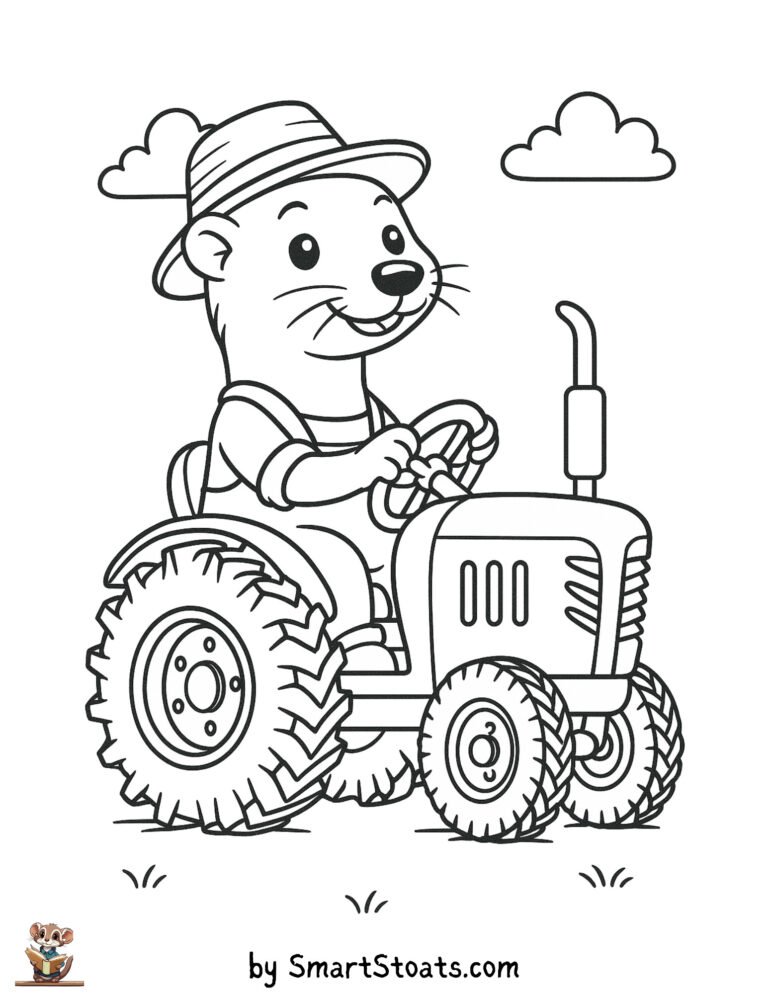 Tractor coloring page showing a cute stoat driving a tractor, designed as a printable sheet for kids.