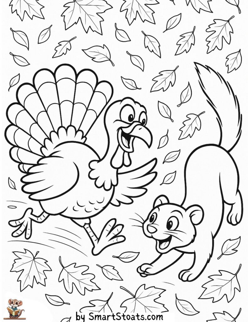 Turkey coloring page featuring a stoat or ferret for thanksgiving. Available as a downloadable, printable PDF.