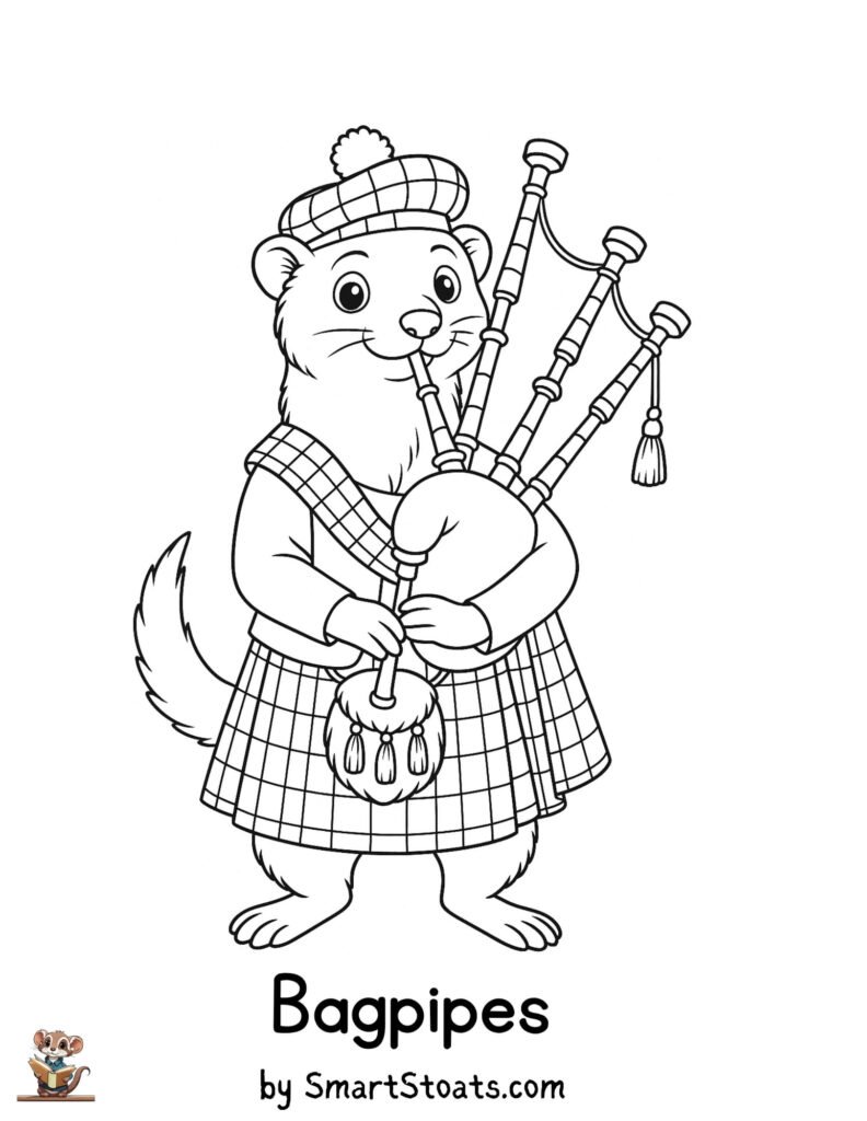 Bagpipes coloring page showing a cute Stoat playing the bagpipes, designed as a printable educational activity for kids.